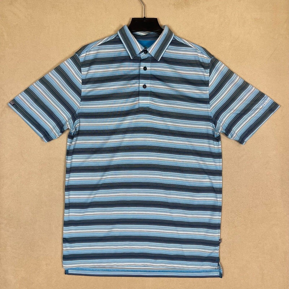 Straight Down Mens M Golf Polo Shirt Blue Striped Embroidered Logo on Sleeve